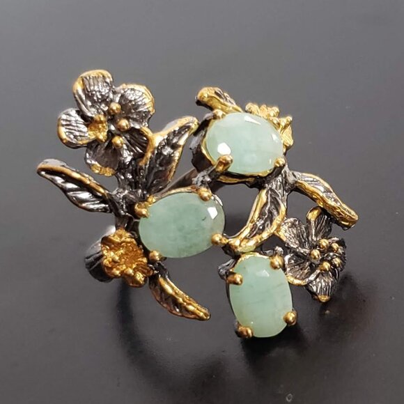 New EMERALD Sterling Silver Ring 925 Floral Artisan Gold Accents - Picture 4 of 15